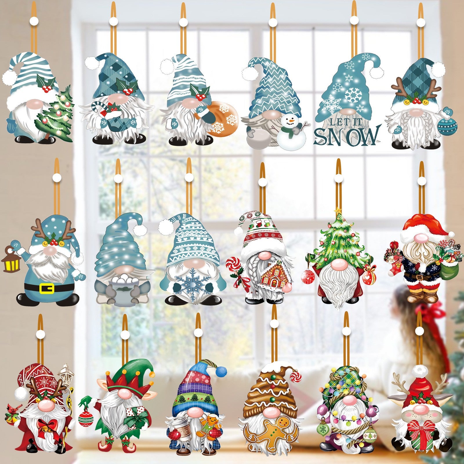 Set 18 Decoratiuni de Craciun din Lemn, cu Snur pentru Agatare in Brad, Model Gnomi, Diferite Dimensiuni, Albastru