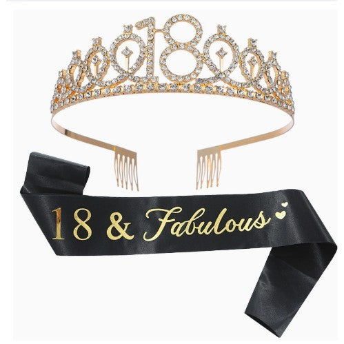 Set 2 Piese pentru Majorat, 15 x 13 x 5 cm, Coronita Printesa Gold si Panglica 18&Fabulous, Negru