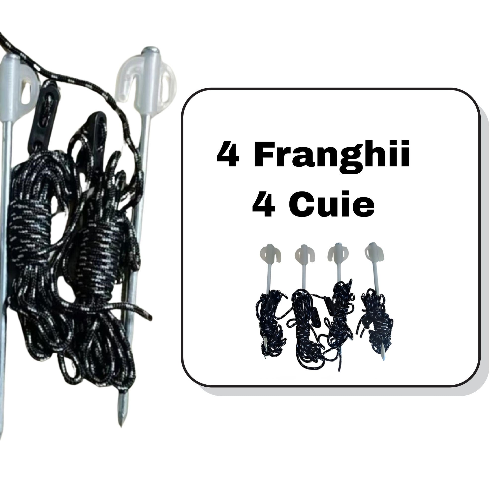 Set 4 Franghii si 4 Cuie, Flippy, pentru Ancorare Corturi, Copertine Tip Pavilion, Negru/Alb