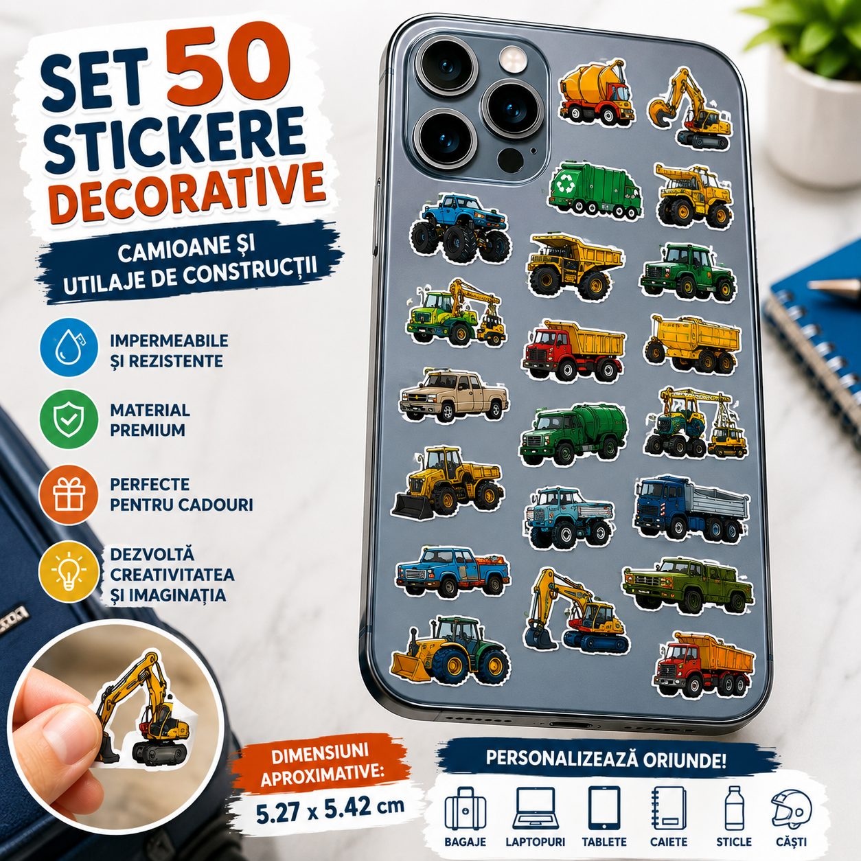 Set 50 Stickere Decorative, Modele Camioane si Utilaje de Constructii, Impermeabile, Aproximativ 5.27 x 5.42 cm, Multicolor