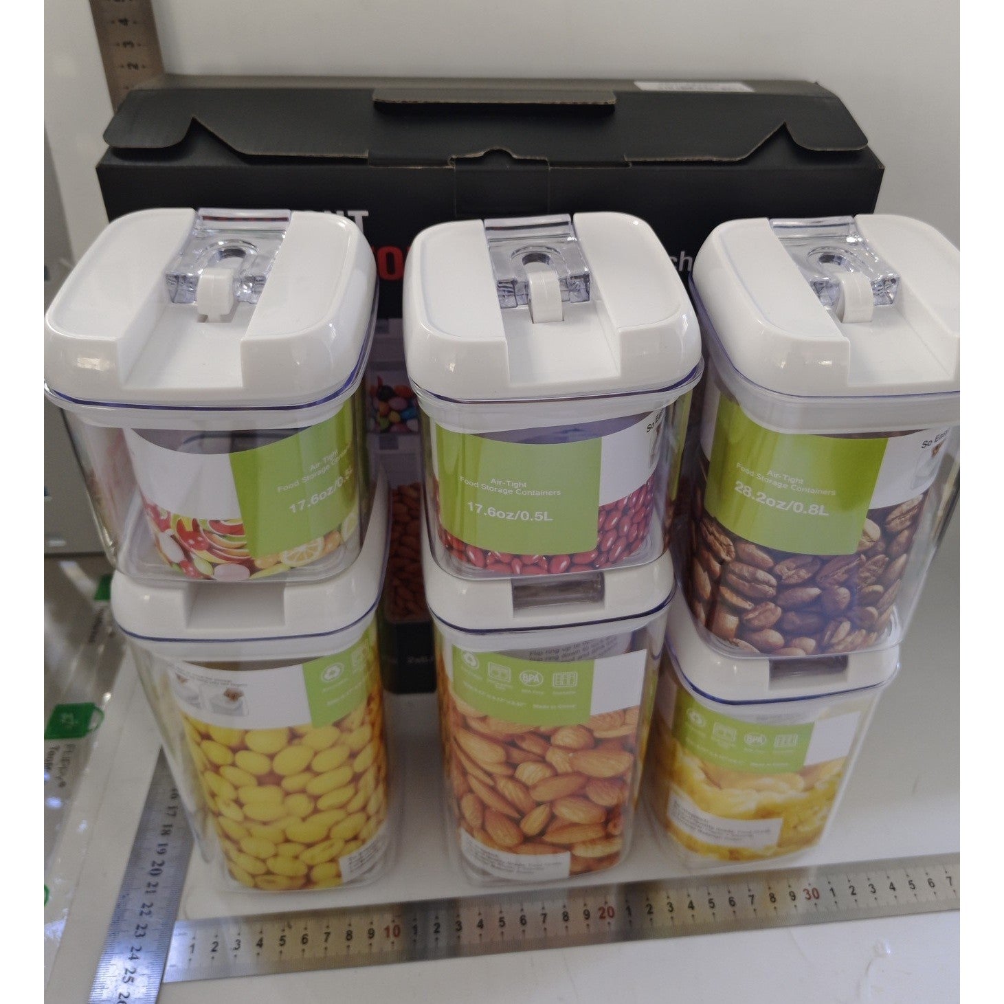 Set 6 Recipiente din Plastic, pentru Alimente/Obiecte, Inchidere Ermetica, 2 x 0.5l, 2 x 0.8l, 2 x 1.2l, Capac Alb, Transparent