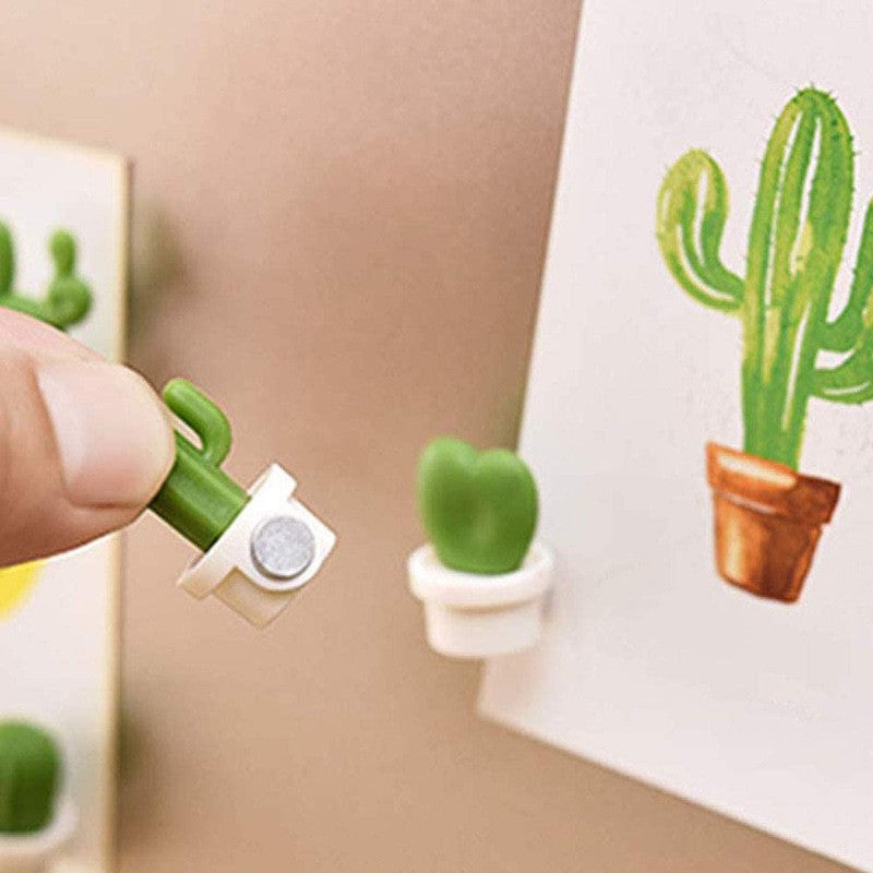 Set 6 Magneti de Frigider, Model Cactusi in Ghiveci, din ABS si Magnet, Verde/Alb