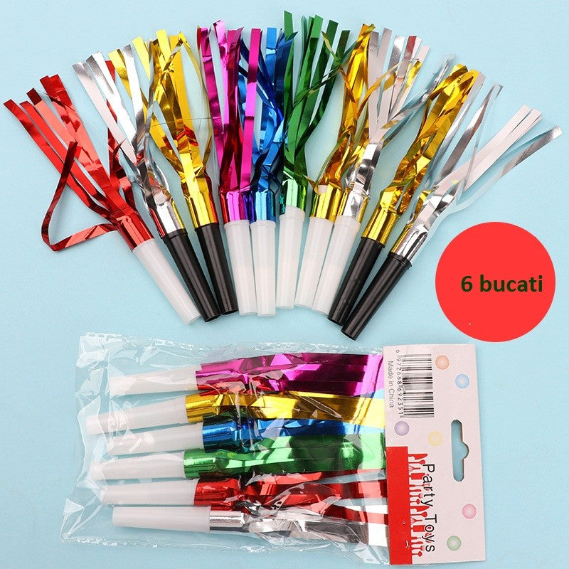Set 6 Fluiere Party cu Franjuri, din Plastic, Multicolor