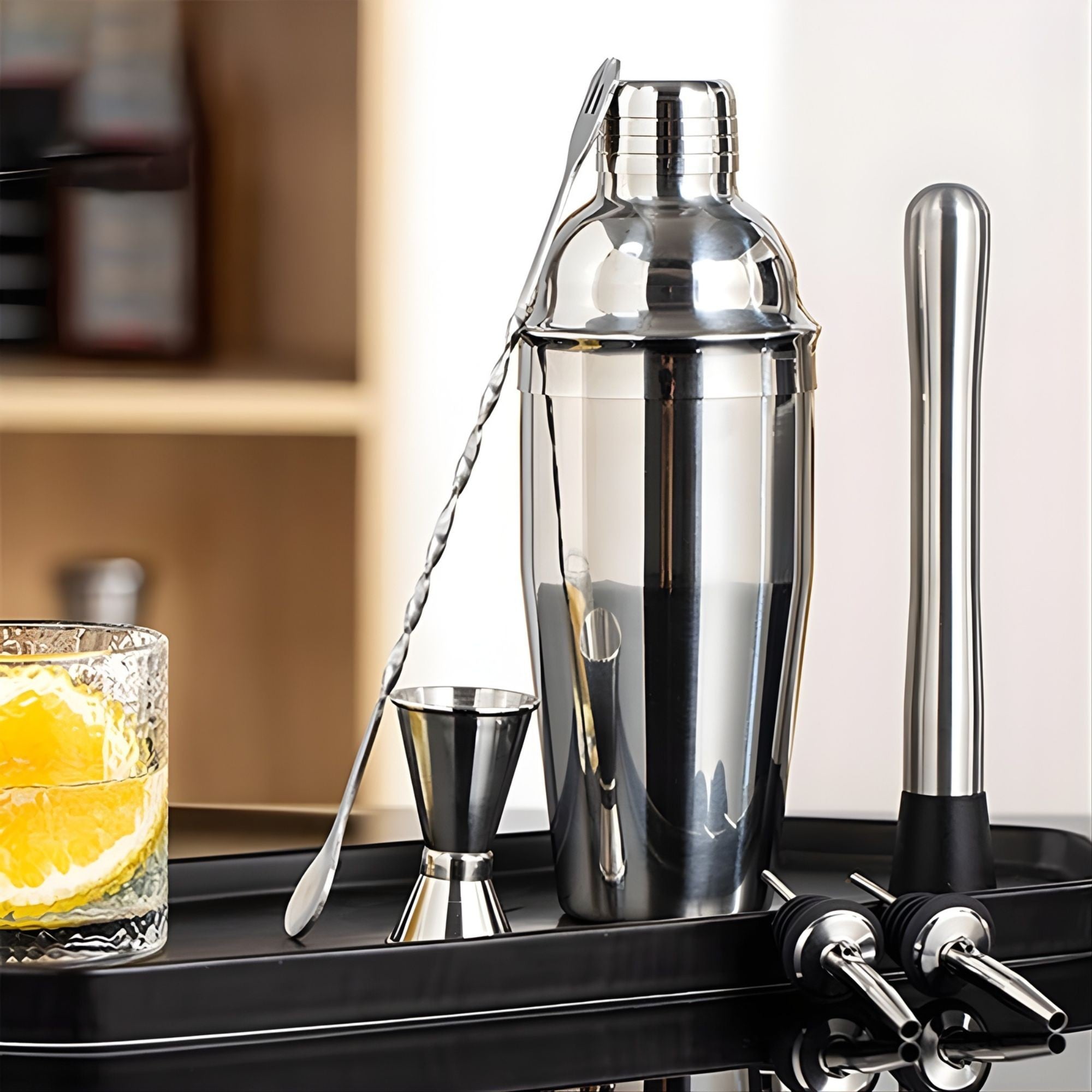 Set Barman Preparare Cocktail, 6 Piese, Inox, Argintiu, Kit Accesorii Bar si Mixologie: Shaker750ml, Masura dubla, Pistil, Lingura barman, 2 Picuratoare