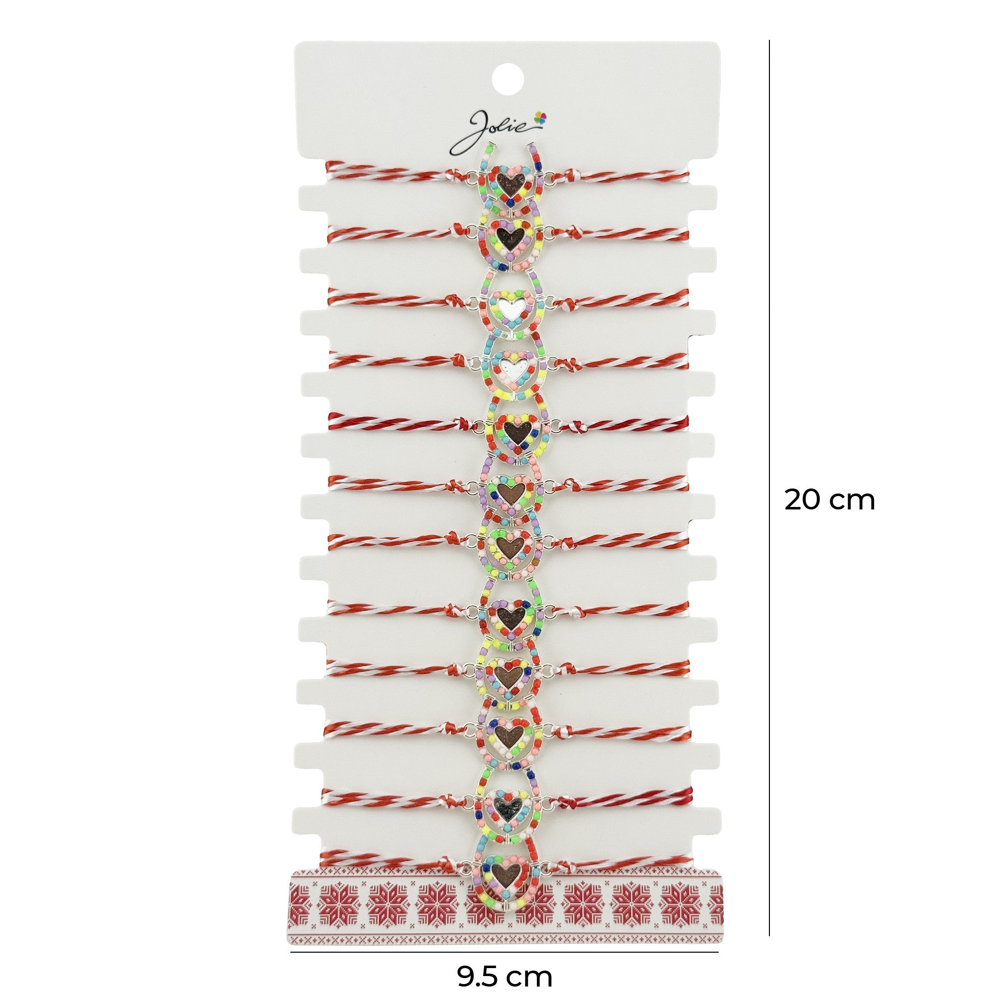 Bratara Martisor pentru Dama, Model Potcoava Multicolora, Set 12 bucati, Pandativ Argintiu din Inox cu Elemente Multicolore, Snur Alb/Rosu