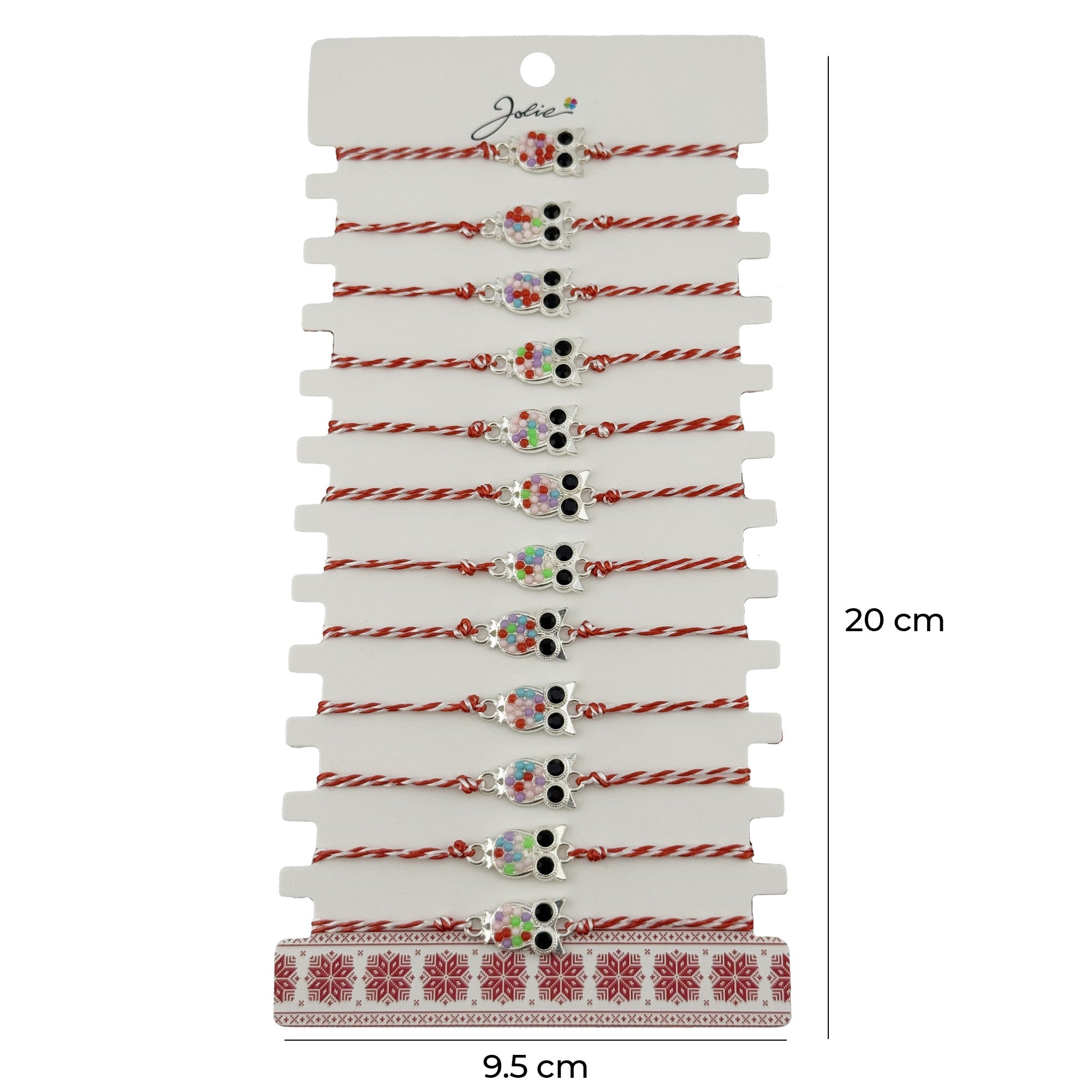 Bratara Martisor pentru Dama, Model Bufnita, Set 12 bucati, Pandativ Argintiu din Inox cu Elemente Multicolore, Snur Alb/Rosu