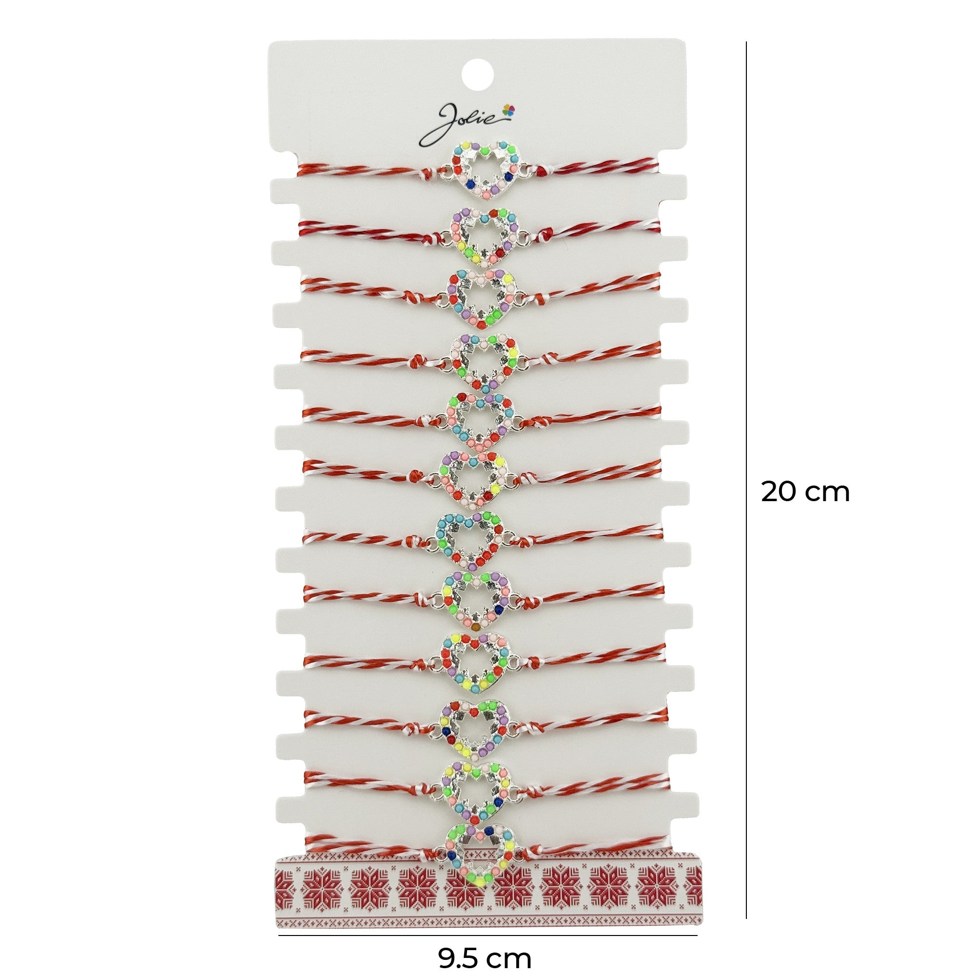 Bratara Martisor pentru Dama, Model Inima Multicolora, Set 12 bucati, Pandativ Argintiu din Inox cu Elemente Multicolore, Snur Alb/Rosu