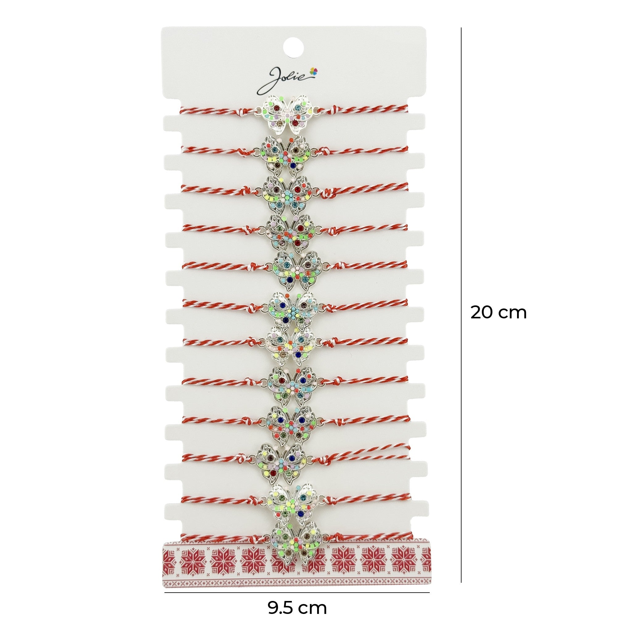 Bratara Martisor pentru Dama, Model Fluture Multicolor, Set 12 bucati, Pandativ Argintiu din Inox cu Elemente Multicolore, Snur Alb/Rosu