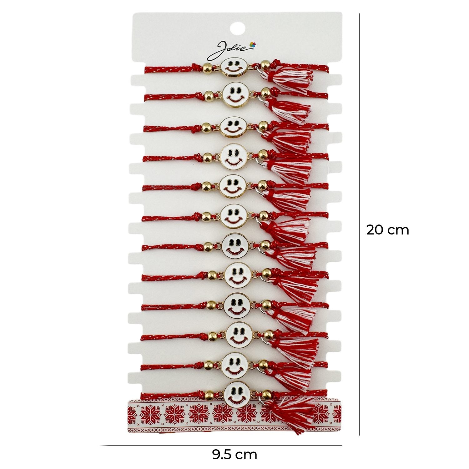 Martisor Bratara cu Ciucure pentru Dama, Model Fata Zambitoare, Set 12 bucati, Pandativ din Inox, Snur Reglabil, Rosu/Alb
