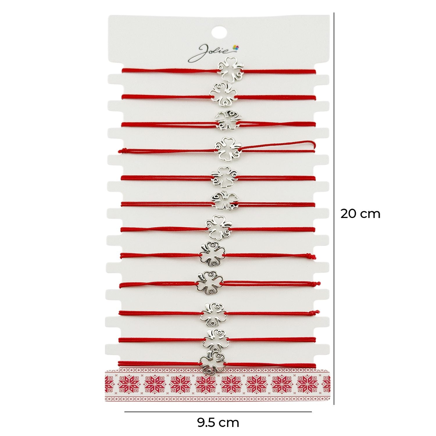 Martisor Bratara Elastica cu Pandantiv din Inox, pentru Dama, Set 12 bucati, Snur Rosu Textil, Model Trifoi cu Patru Foi