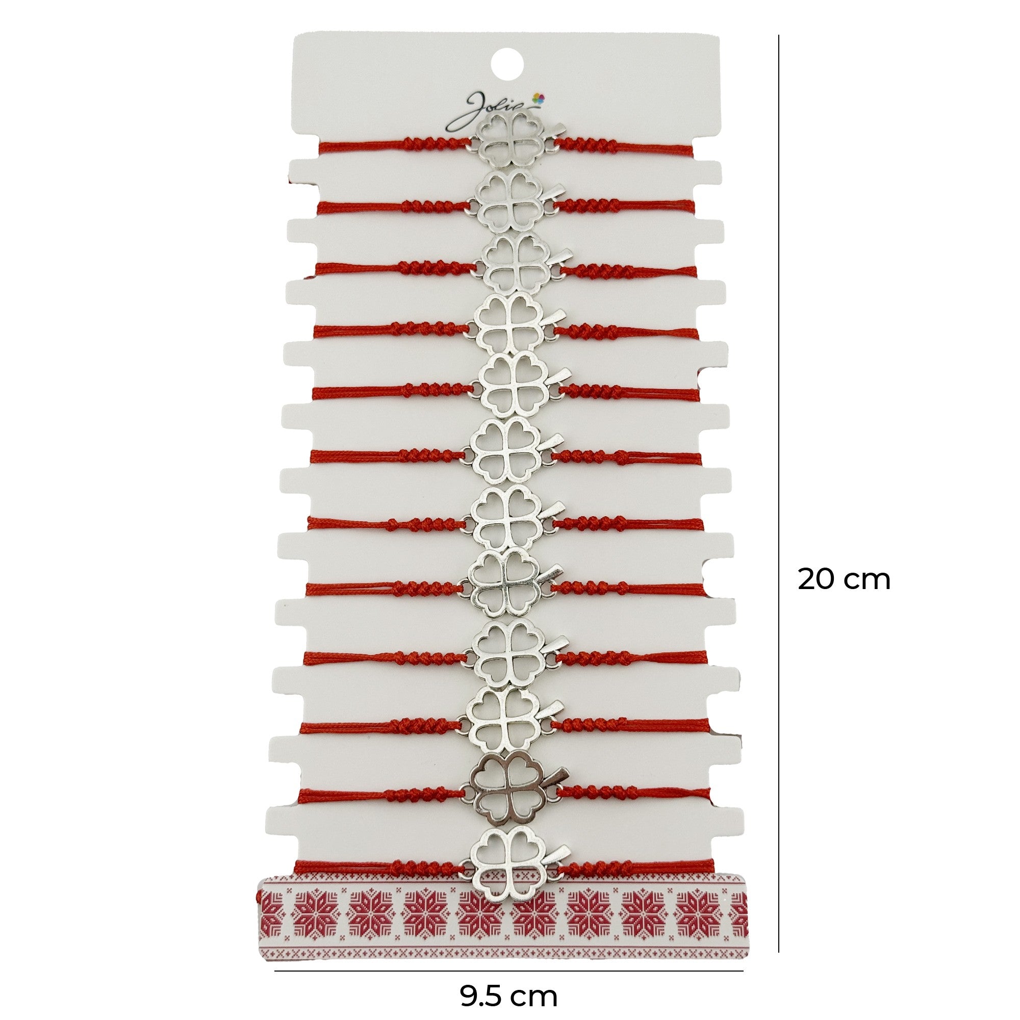 Bratara Martisor pentru Dama, Model Trifoi in Contur, Set 12 bucati, Pandativ Argintiu din Inox cu Snur Rosu Ajustabil