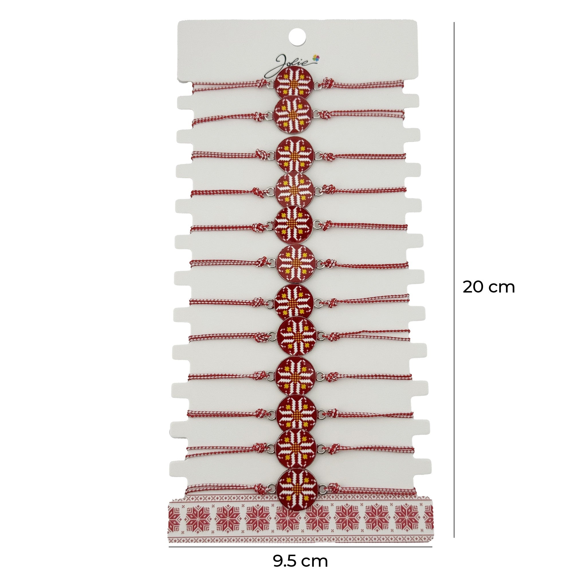 Bratara Martisor pentru Dama, Model Rotund Port Traditional, Set 12 bucati, Pandativ din Aliaj cu Print Traditional, Snur Ajustabil Impletit, Alb/Rosu