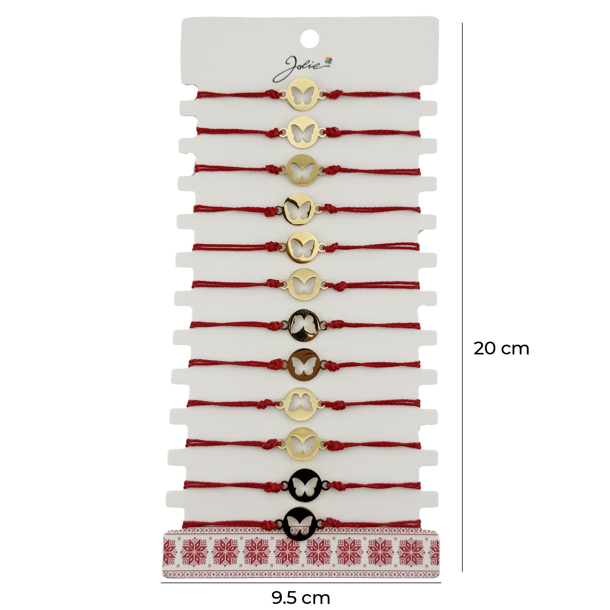 Bratara Martisor pentru Dama, Model Fluture in Moneda, Set 12 bucati, Pandativ Auriu din Inox cu Snur Rosu Ajustabil
