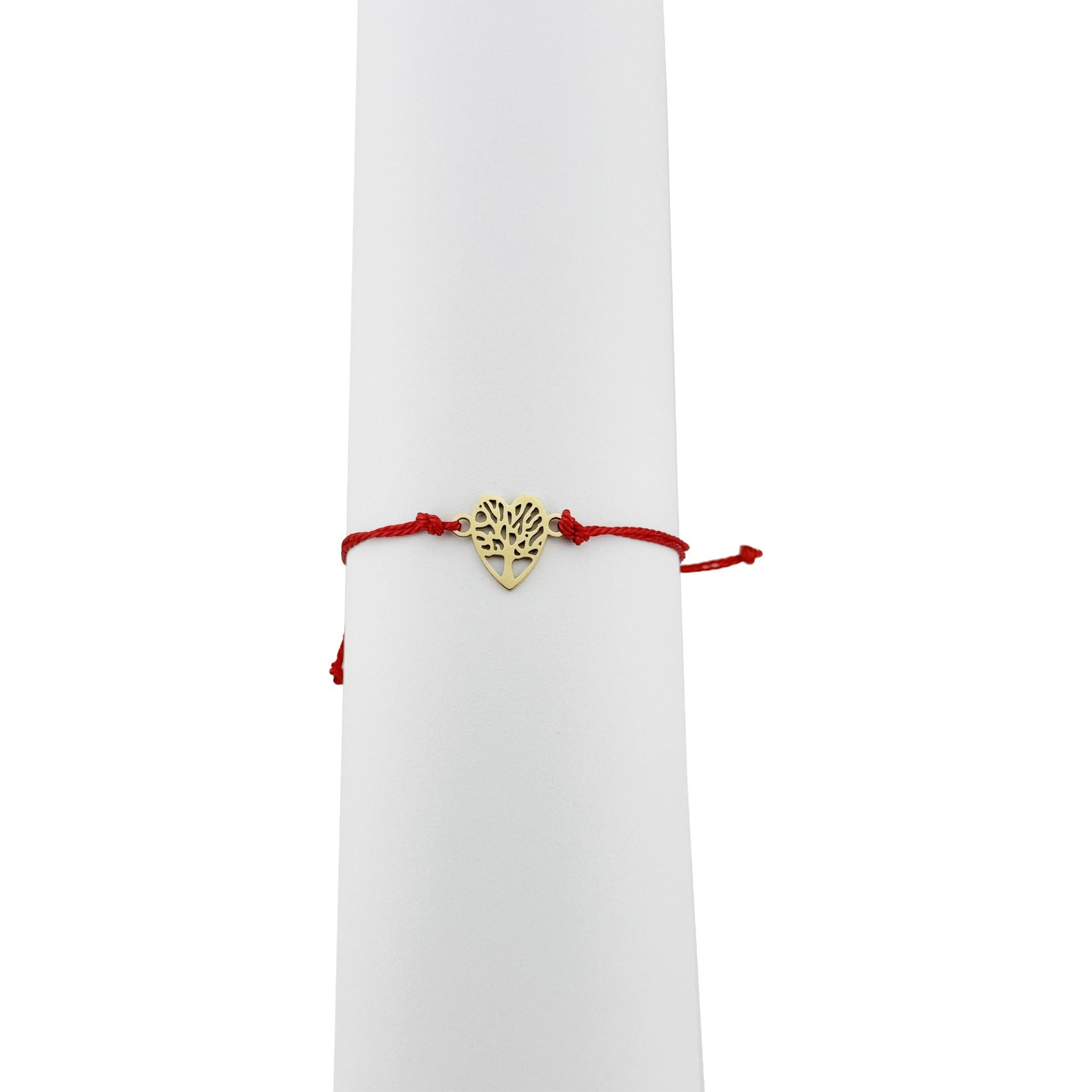 Bratara Martisor pentru Dama, Model Copac in Inima, Set 12 bucati, Pandativ din Inox Auriu, Snur Ajustabil Impletit, Rosu