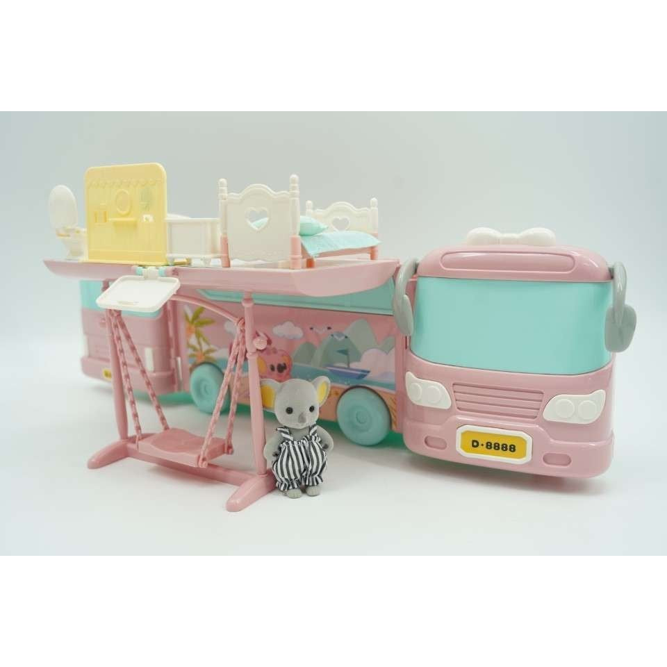 Set casa de papusi tip van, 2 in 1 autobuz si casa, 43 accesorii si mobilier, +3 ani, roz
