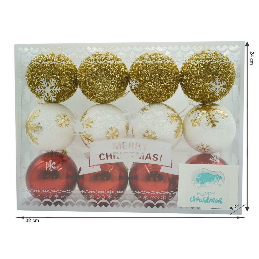 Set de 12 ornamente de brad, de tip Glob, Alb/ Rosu, din polistiren, cu finisaj sclipitor, cutie 8 cm adancime x 32 cm lungime x 24 cm inaltime