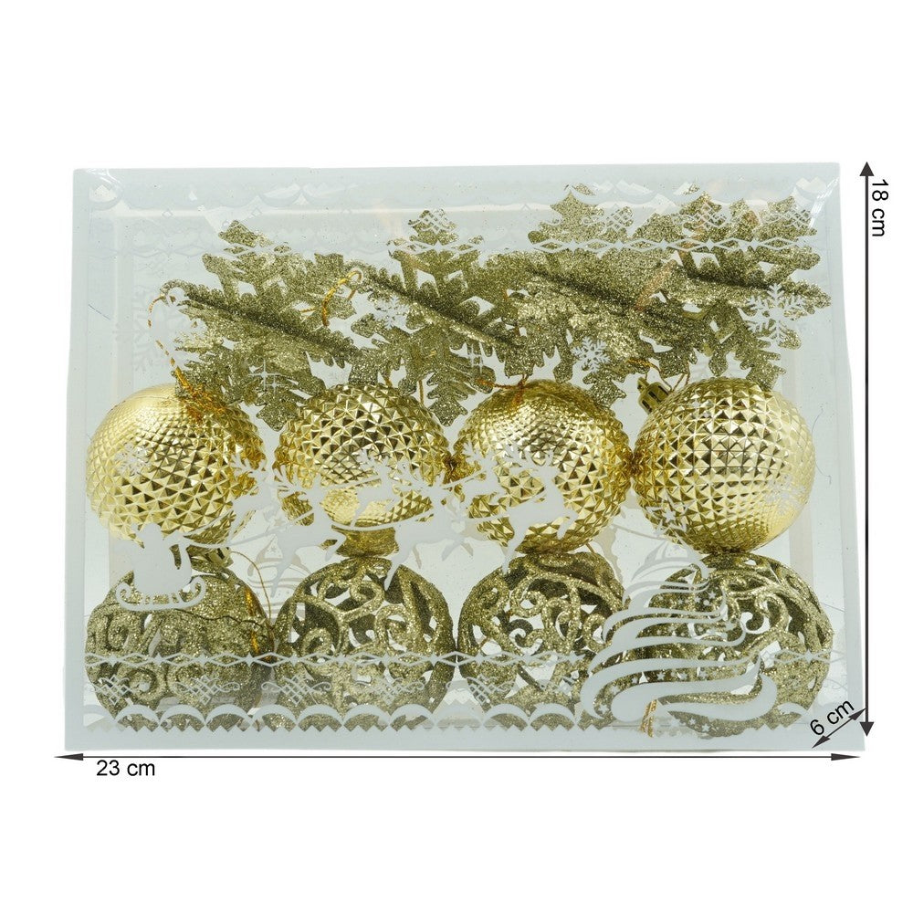 Set de 12 ornamente de brad, Flippy, de tip Glob, Auriu, din plastic, cu finisaj sclipitor , cutie 6 cm adancime x 23 cm lungime x 18 cm inaltime