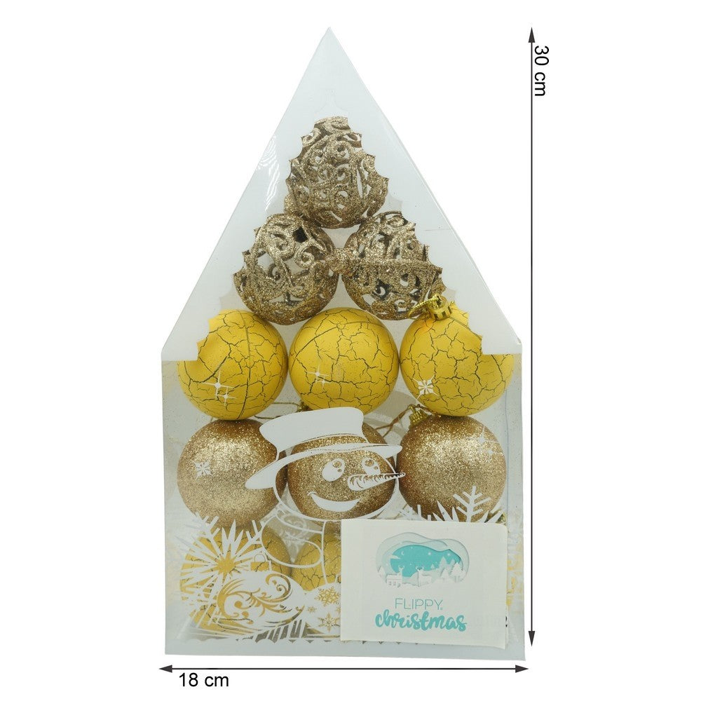 Set de 12 ornamente de brad, de tip Glob, Auriu/ Galben, din plastic, cu finisaj sclipitor , cutie 6 cm adancime x 30 cm inaltime x 18 cm lungime)