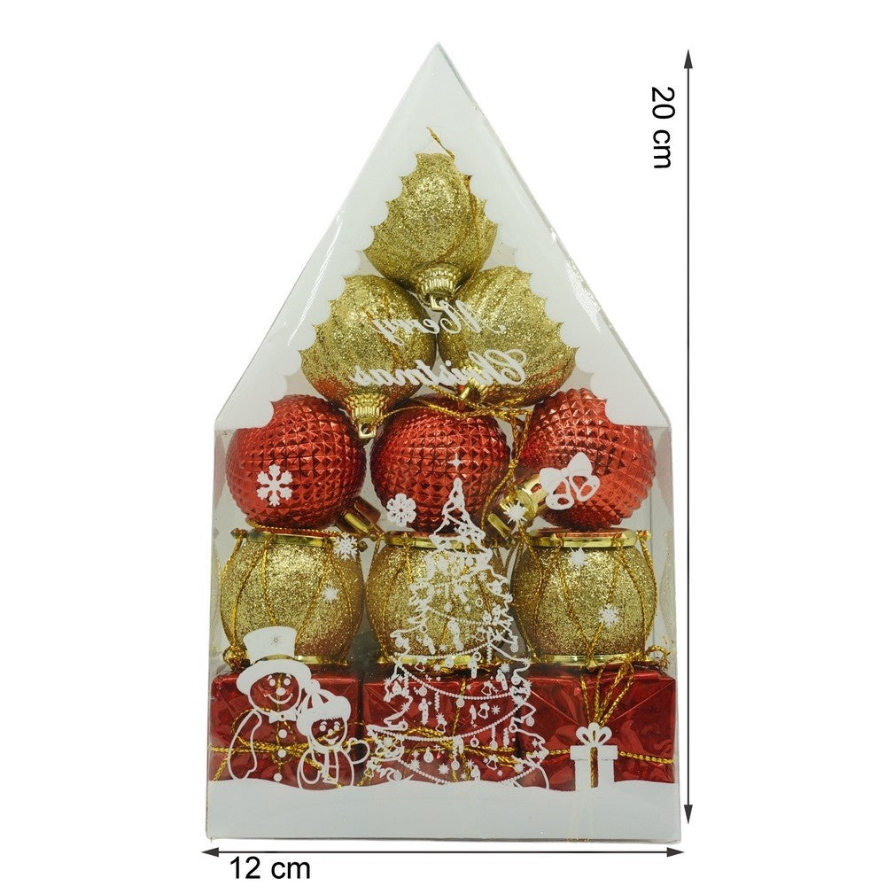 Set de 12 ornamente de brad, de tip Glob, Rosu/ Auriu, din polistiren, cu finisaj sclipitor, cutie 4 cm adancime x 20 cm inaltime x 12 cm lungime)