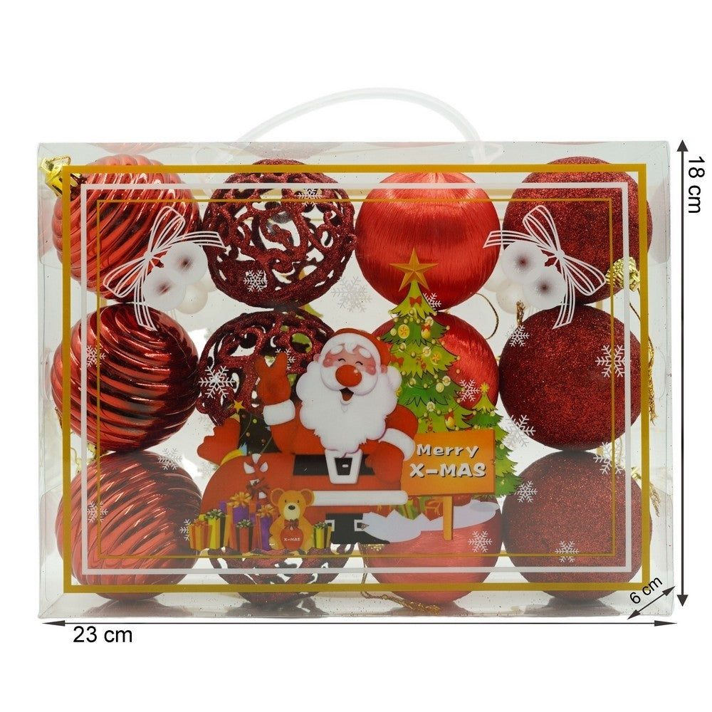 Set de 12 ornamente de brad, de tip Glob, Rosu, din polistiren, cu finisaj sclipitor , cutie 6 cm adancime x 23 cm lungime x 18 cm inaltime