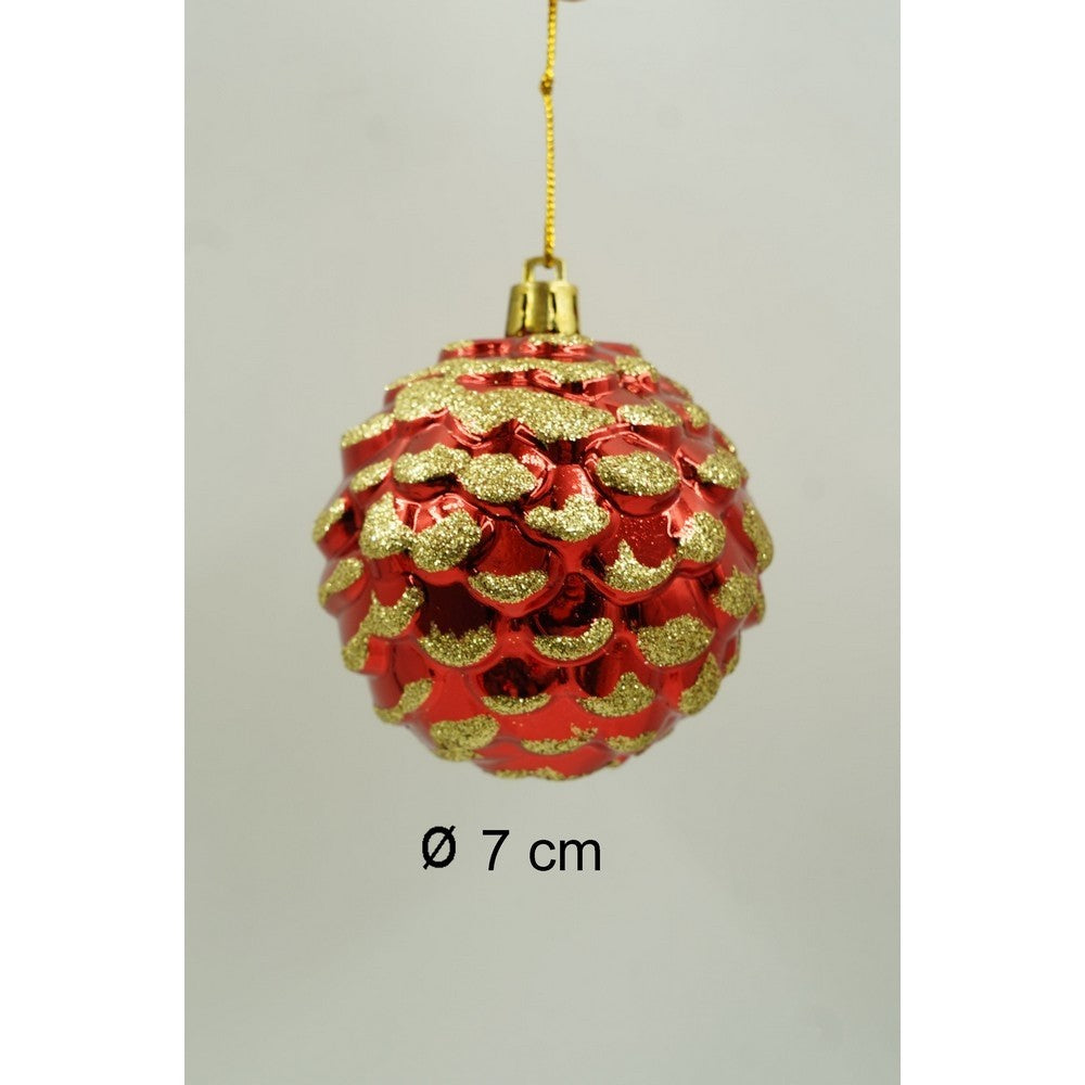 Set de 24 ornamente de brad, de tip Glob, Alb/ Rosu, cu ø de 7 cm, din plastic, cu finisaj sclipitor , cutie 16 cm lungime x 36 cm inaltime x 16 cm adancime