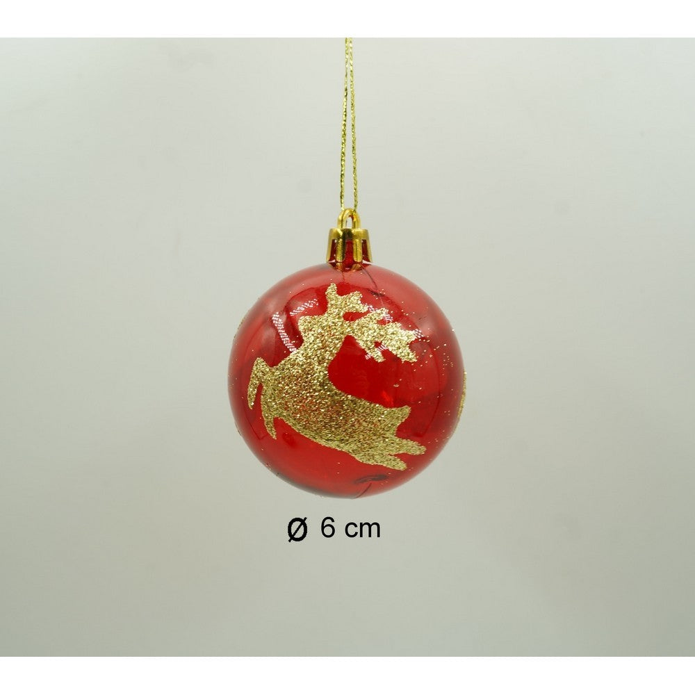 Set de 24 ornamente de brad, de tip Glob, Rosu/ Auriu, cu ø de 6 cm, din plastic, cu finisaj sclipitor , cutie 14 cm lungime x 32 cm inaltime x 14 cm adancime