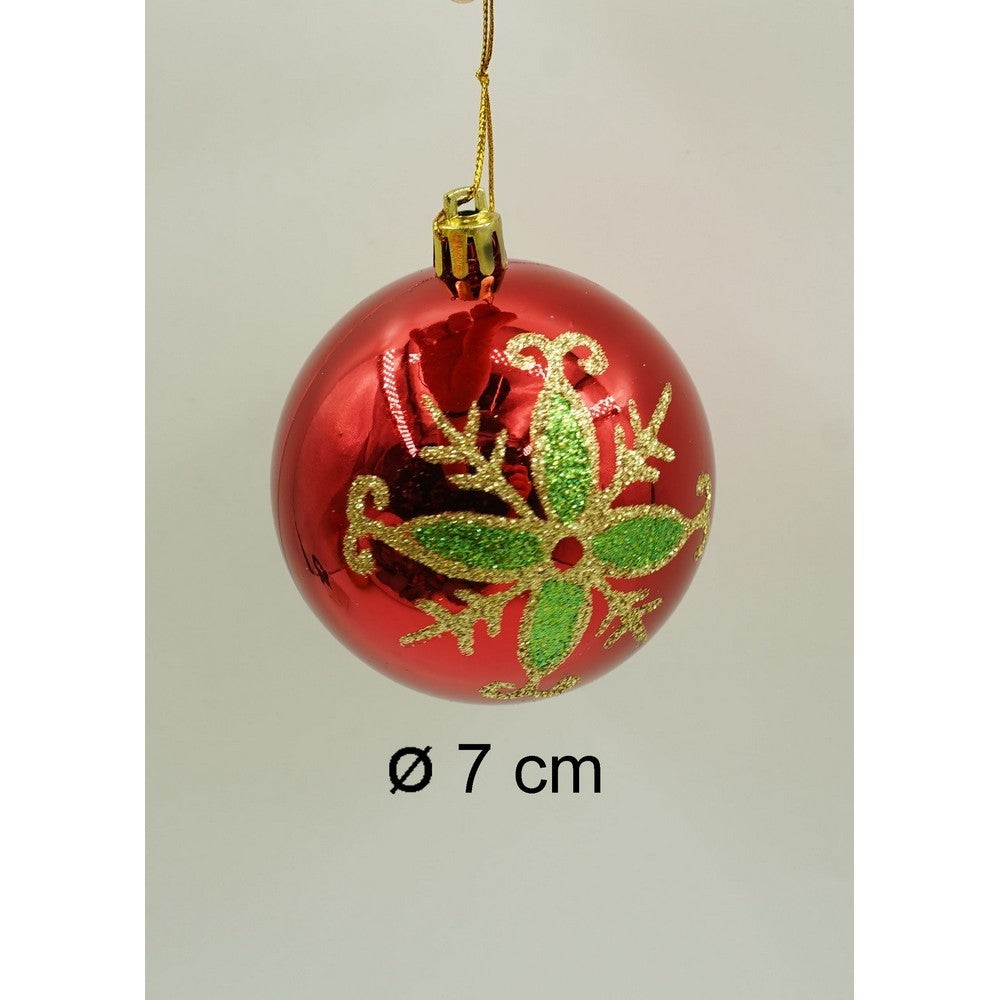Set de 24 ornamente de brad, de tip Glob, Rosu/ Auriu, cu ø de 7 cm, din plastic, cu finisaj sclipitor , cutie 16 cm lungime x 36 cm inaltime x 16 cm adancime
