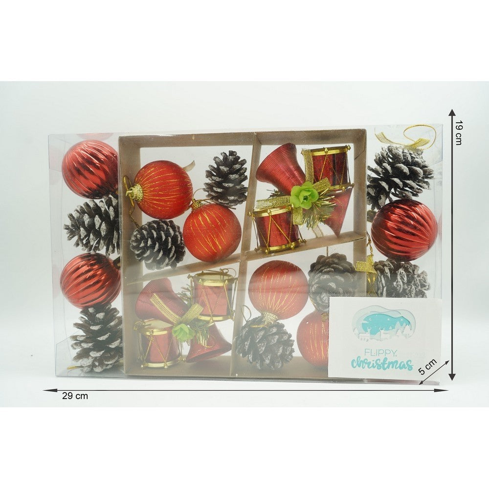 Set de 24 ornamente de brad, de tip Glob, Rosu/ Maro, din polistiren, cu finisaj sclipitor, cutie 5 cm adancime x 29 cm lungime x 19 cm inaltime