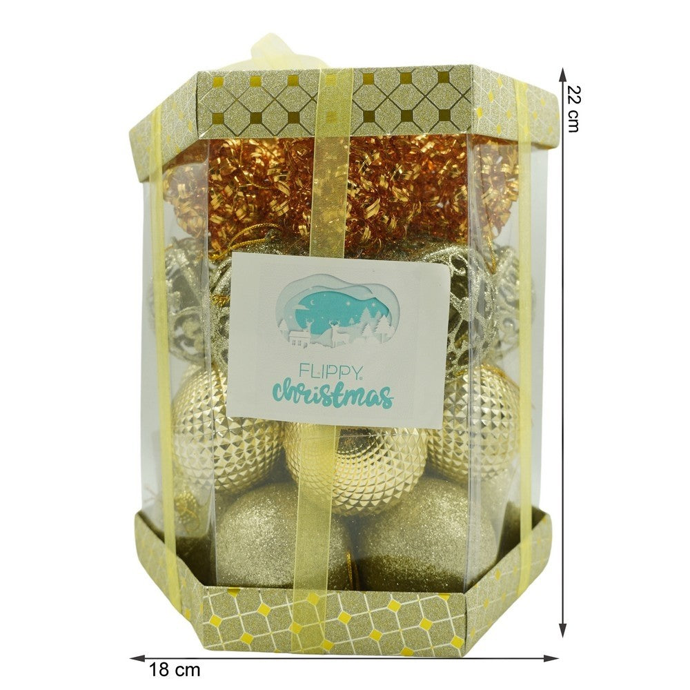Set de 28 ornamente de brad, de tip Glob, Cupru/ Auriu, din polistiren, cu finisaj sclipitor , cutie 18 cm adancime x 22 cm inaltime x 18 cm lungime)