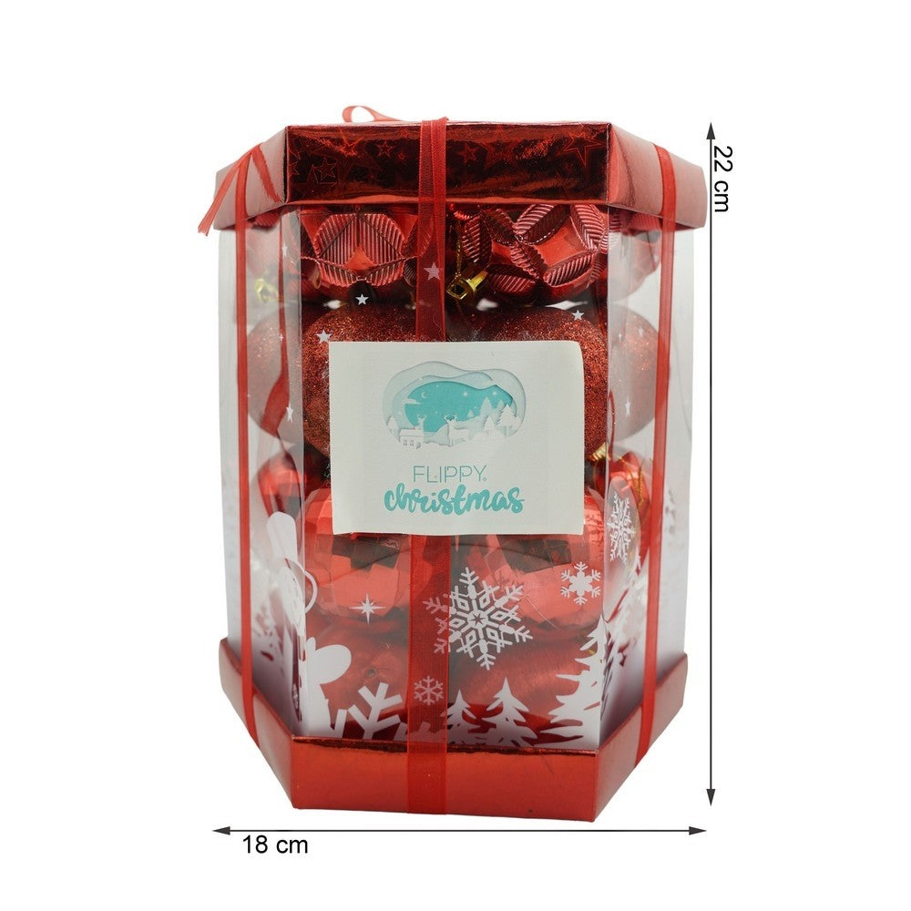 Set de 28 ornamente de brad, de tip Glob, Rosu, din polistiren, cu finisaj sclipitor, cutie 18 cm adancime x 22 cm inaltime x 18 cm lungime)