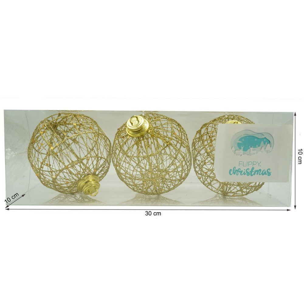 Set de 3 ornamente de brad, de tip Glob, Auriu, cu ø de 10 cm, din metal, cu finisaj sclipitor , cutie 10 cm adancime x 30 cm lungime x 10 cm inaltime