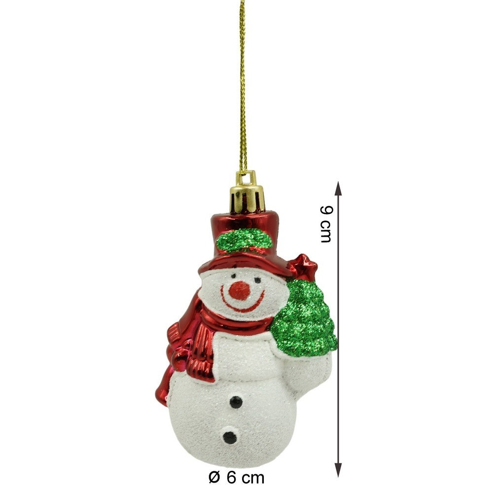 Set de 3 ornamente de brad, de tip Om de zapada, Alb/Rosu, din plastic, cu finisaj sclipitor , cutie 4 cm adancime x 6 cm inaltime x 9 cm lungime