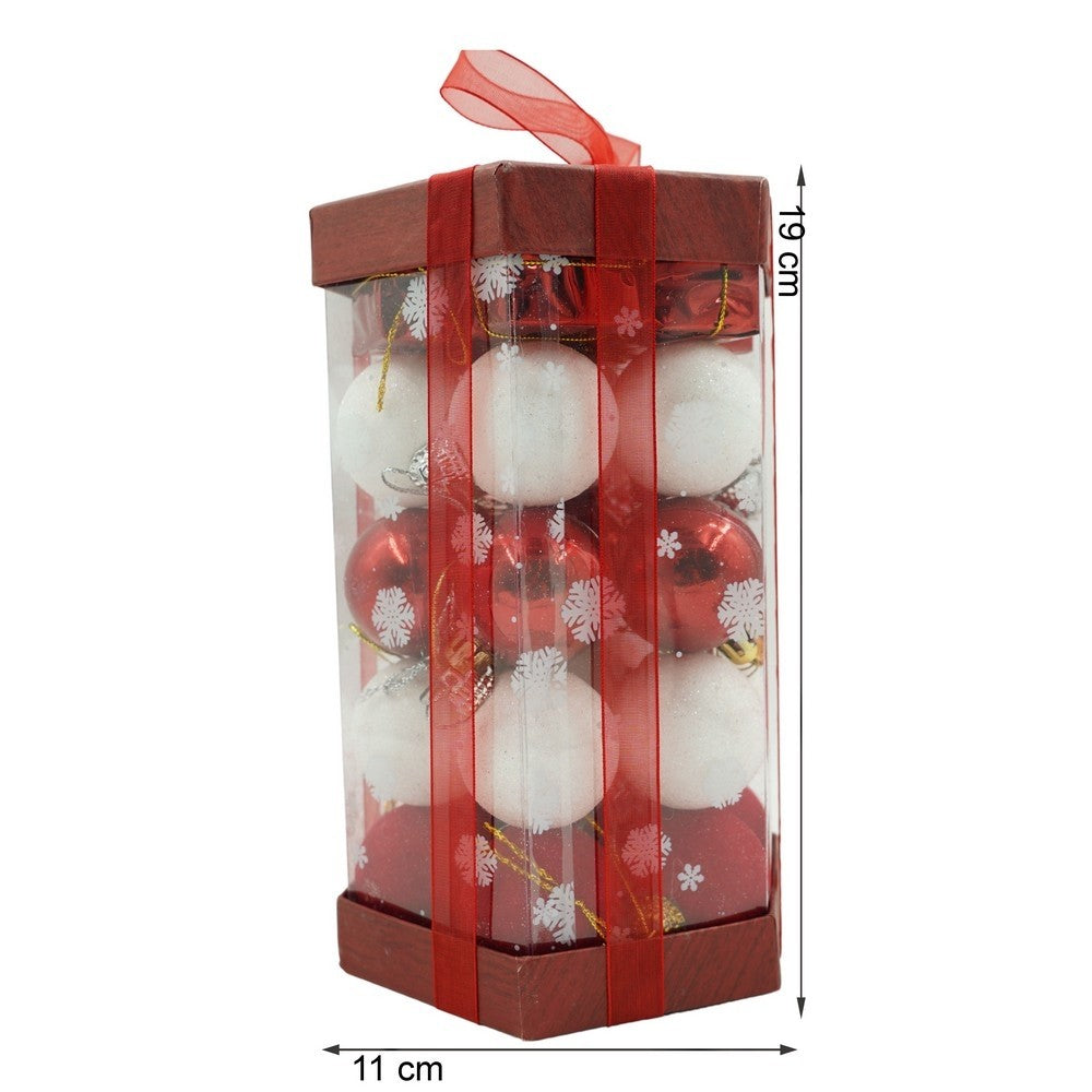 Set de 35 ornamente de brad, de tip Glob, Alb/ Rosu, din polistiren, cu finisaj sclipitor, cutie 11 cm adancime x 19 cm inaltime x 11 cm lungime)
