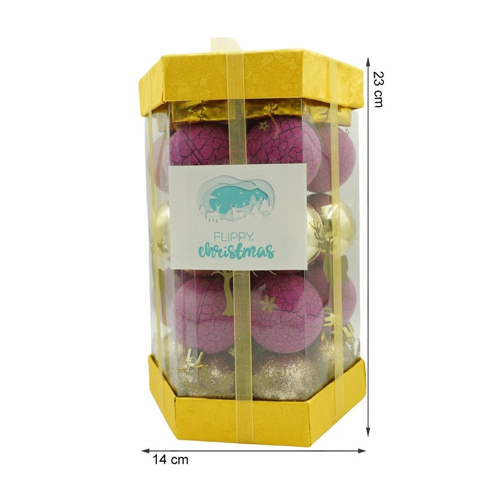 Set de 35 ornamente de brad, de tip Glob, Auriu/ Mov, din polistiren, cu finisaj sclipitor, cutie 14 cm adancime x 23 cm inaltime x 14 cm lungime)