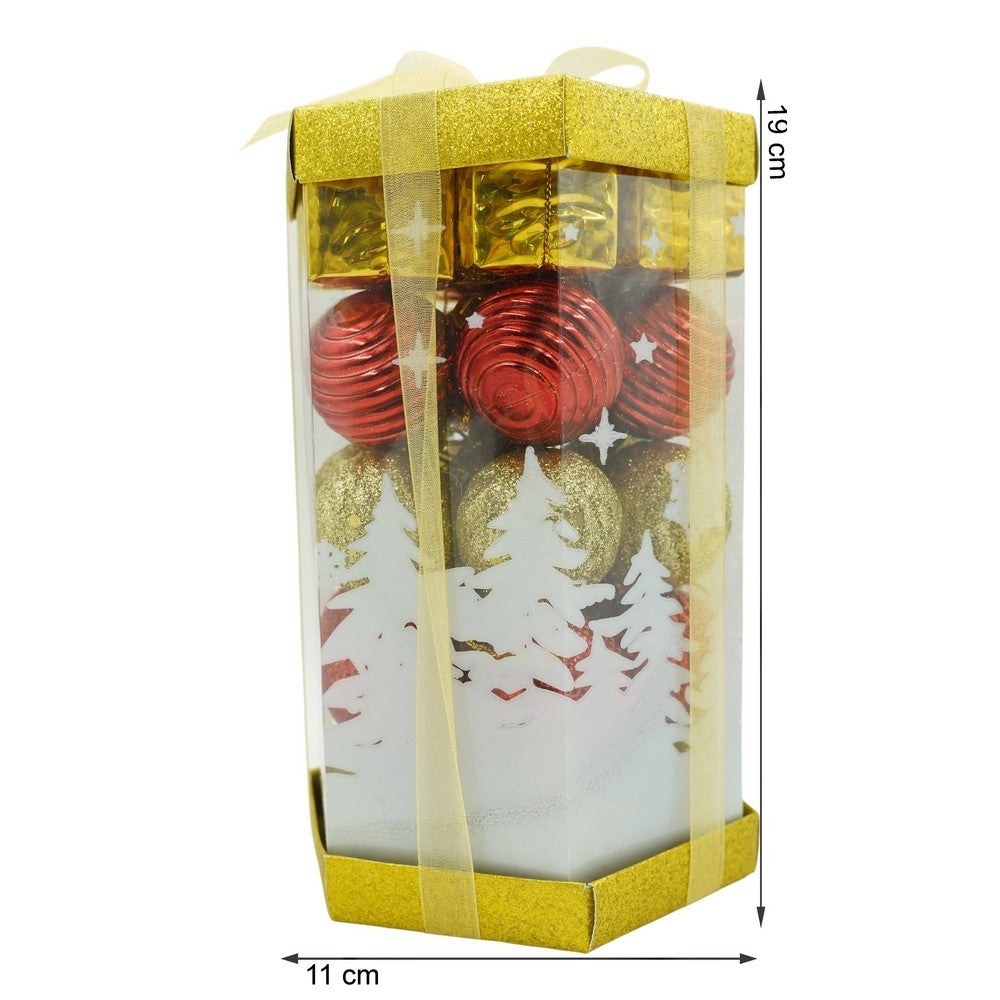 Set de 35 ornamente de brad, de tip Glob, Rosu/ Auriu, din polistiren, cu finisaj sclipitor , cutie 11 cm adancime x 19 cm inaltime x 11 cm lungime)