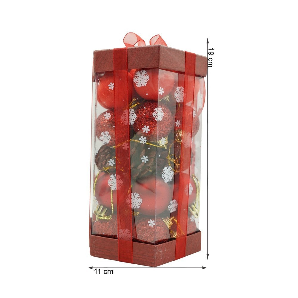 Set de 35 ornamente de brad, Flippy, de tip Glob, Rosu, din polistiren, cu finisaj sclipitor , cutie 11 cm adancime x 19 cm inaltime x 11 cm lungime)