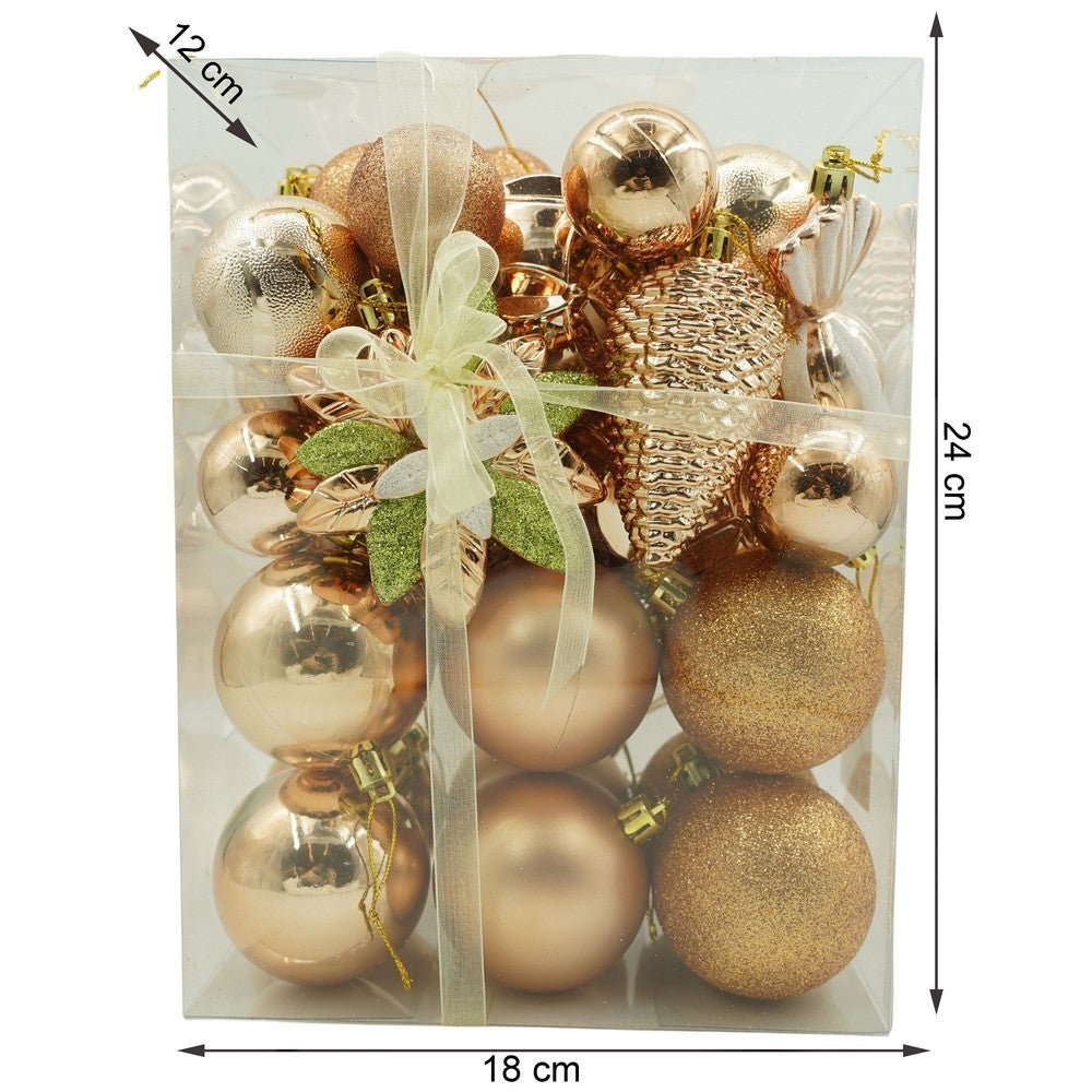Set de 38 ornamente de brad, de tip Glob, Aramiu, din plastic, cu finisaj sclipitor , cutie 12 cm adancime x 24 cm inaltime x 18 cm lungime