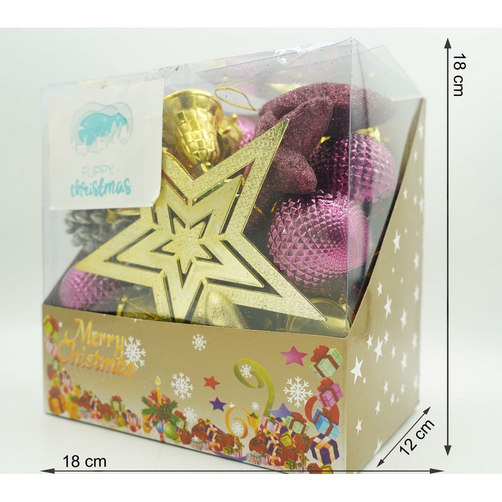 Set de 50 ornamente de brad, de tip Glob, Rosu/ Auriu, din plastic, cu finisaj sclipitor , cutie 18 cm lungime x 12 cm adancime x 18 cm inaltime