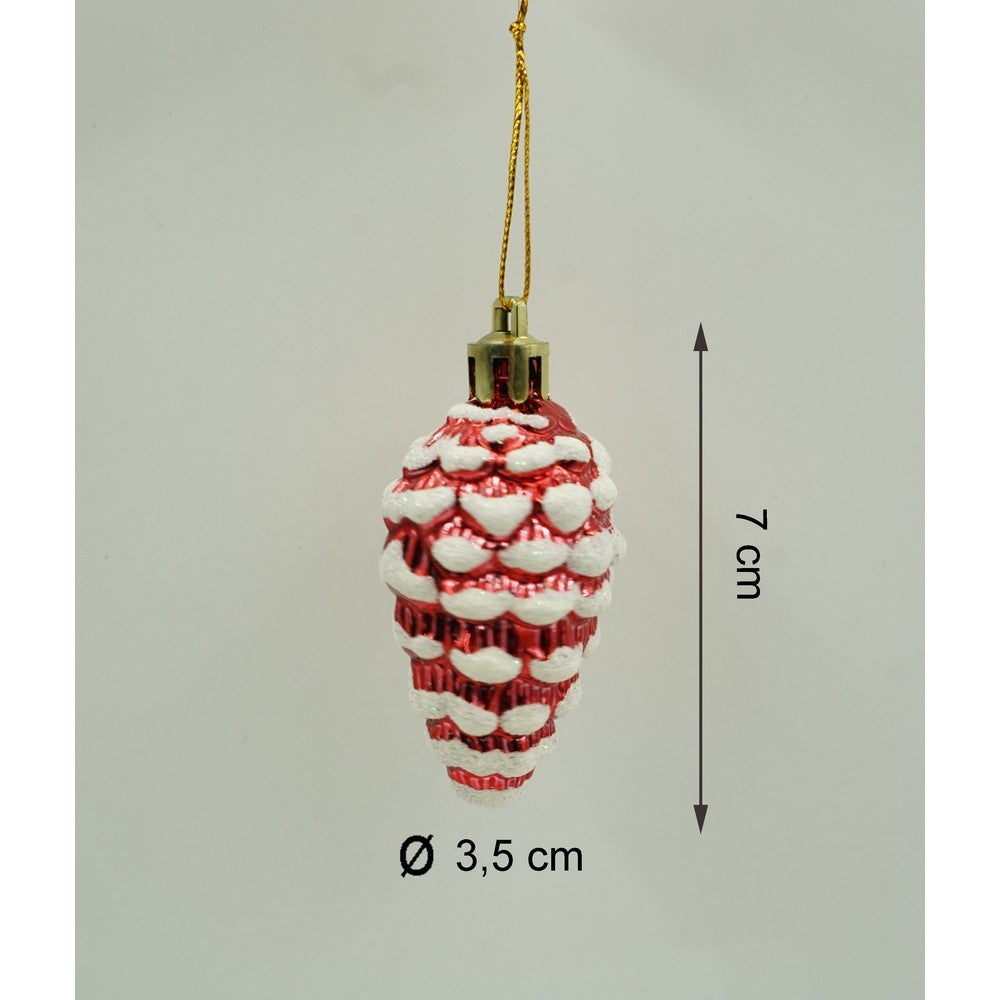 Set de 6 ornamente de brad, de tip Con de brad, Multicolor, cu ø de 3.5 cm, din plastic, cu finisaj sclipitor , cutie 21 cm lungime x 6.5 cm inaltime x 3.6 cm adancime