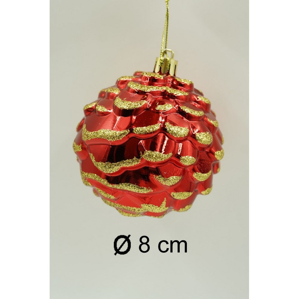 Set de 6 ornamente de brad, de tip Con de brad, Rosu/ Auriu, cu ø de 8 cm, din plastic, cu finisaj sclipitor , cutie 24 cm inaltime x 16 cm lungime x 8 cm adancime