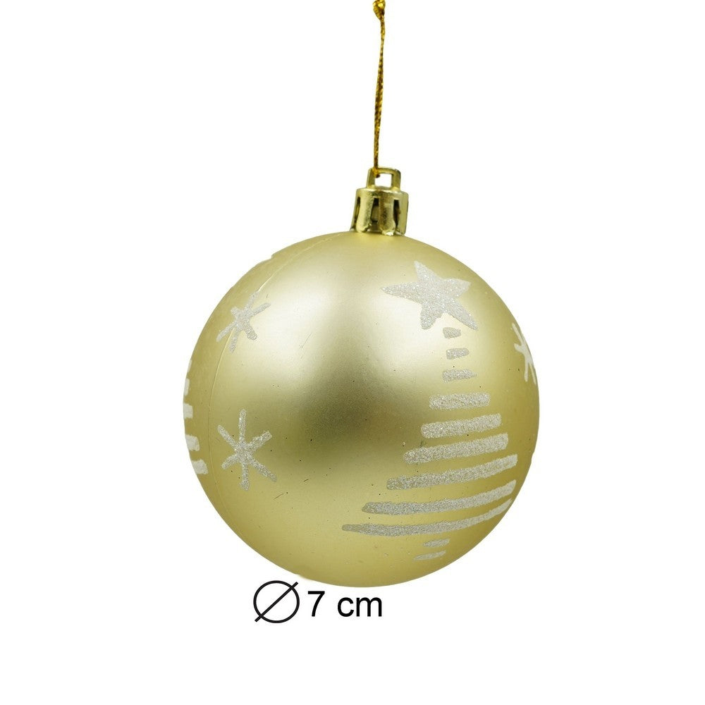 Set de 6 ornamente de brad, de tip Glob, Alb/ Auriu, cu ø de 7 cm, din plastic, cu finisaj sclipitor , cutie 21 cm inaltime x 14 cm lungime x 7 cm adancime