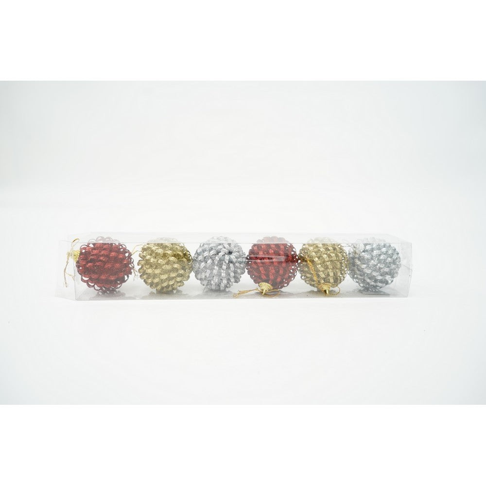 Set de 6 ornamente de brad, de tip Glob, Multicolor, cu ø de 6 cm, din metal, cu finisaj sclipitor , cutie 6 cm adancime x 34 cm lungime x 6 cm inaltime