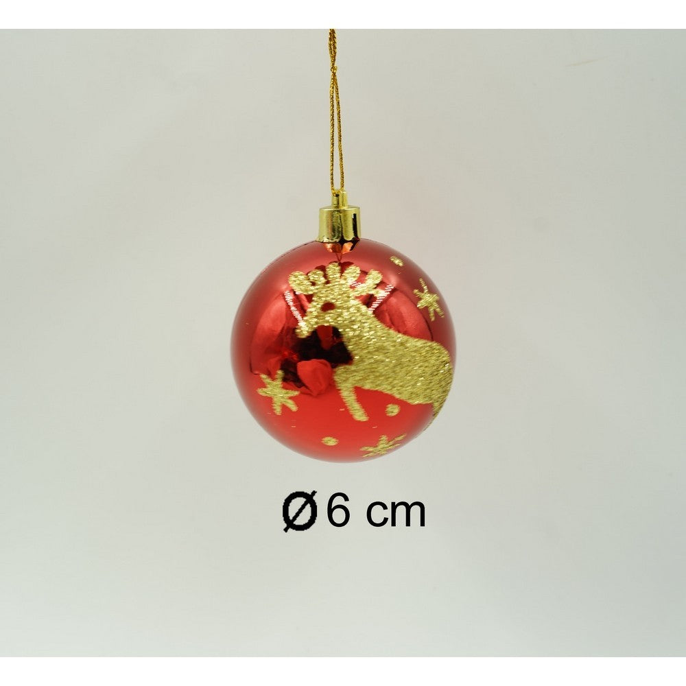 Set de 6 ornamente de brad, de tip Glob, Rosu/ Auriu, cu ø de 6 cm, din plastic, cu finisaj sclipitor , cutie 18 cm inaltime x 12 cm lungime x 6 cm adancime