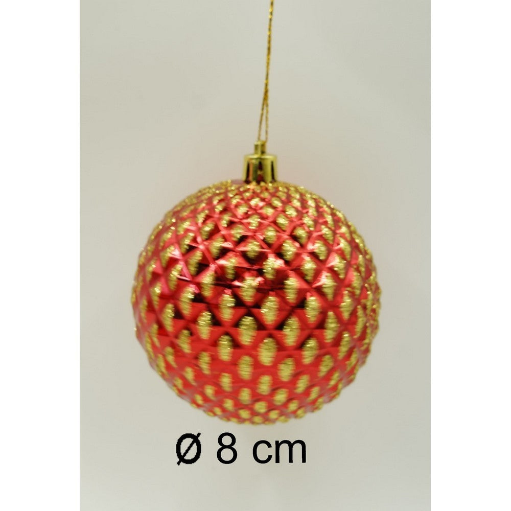 Set de 6 ornamente de brad, de tip Glob, Rosu/ Auriu, cu ø de 8 cm, din plastic, cu finisaj sclipitor , cutie 24 cm inaltime x 16 cm lungime x 8 cm adancime