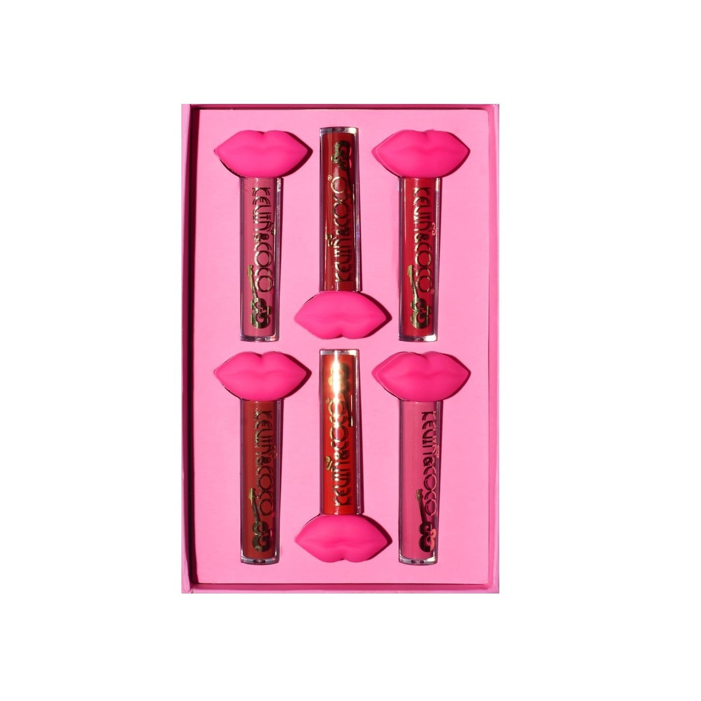 Set de Buze Kevin&Coco Punk Rock, 6 Lip Gloss-uri Mate, Nuanțe Roz și Maro, Ediție Rock Style, 19.3 x 12 cm, Roz