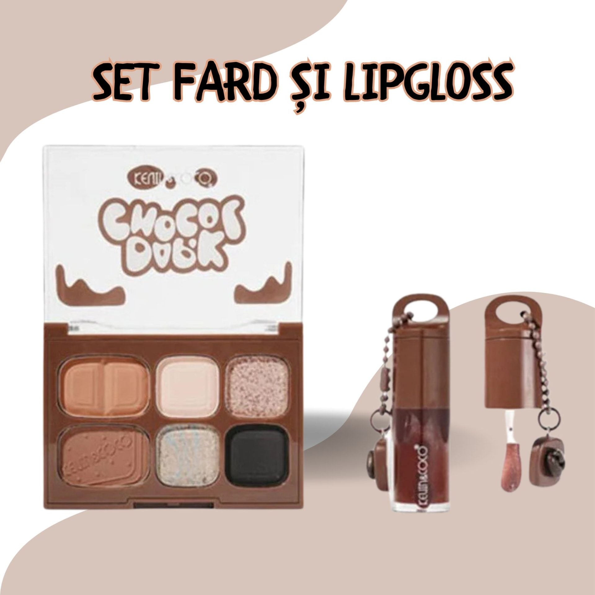 Set Machiaj, Kevin&Coco, Paleta Farduri de Ochi si Lip Gloss, 6 Nuante, Finisaj Mat, Shimmer, Textura Fina, Pigmentare Intensa, 10.4 g, 14.7 x 10.5 x 3.5 cm, Maro