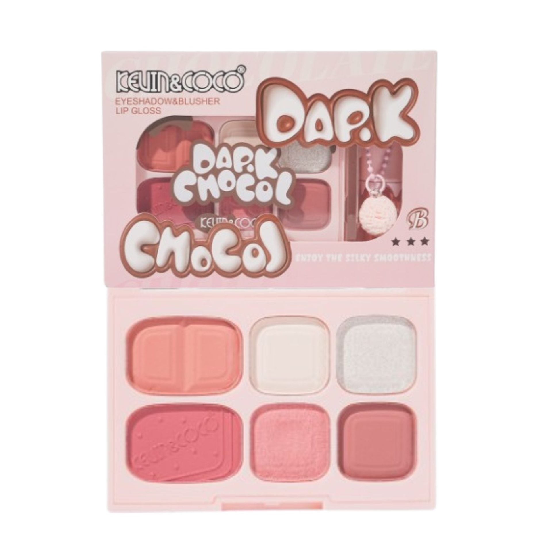 Set Machiaj, Kevin&Coco, Paleta Farduri de Ochi si Lip Gloss, 6 Nuante, Finisaj Mat, Shimmer, Textura Fina, Pigmentare Intensa, 10.4 g, 14.7 x 10.5 x 3.5 cm, Roz