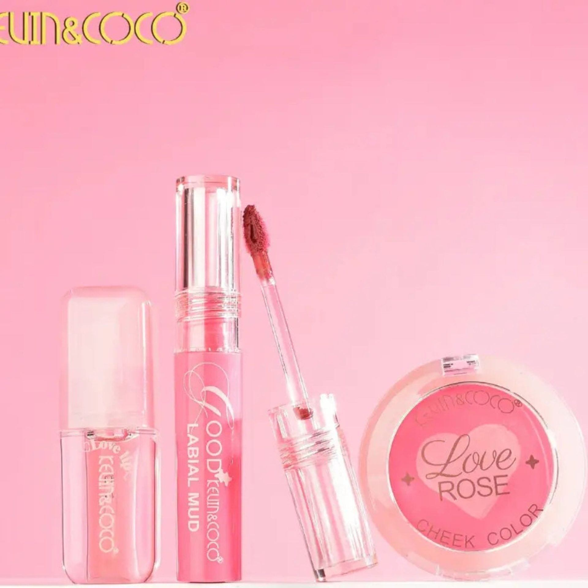 Set Machiaj Complet, Kevin&Coco, Trusa Machiaj Portabila, Mini Kit, 3 Articole Esentiale pentru Stralucire, Design Inima, Roz