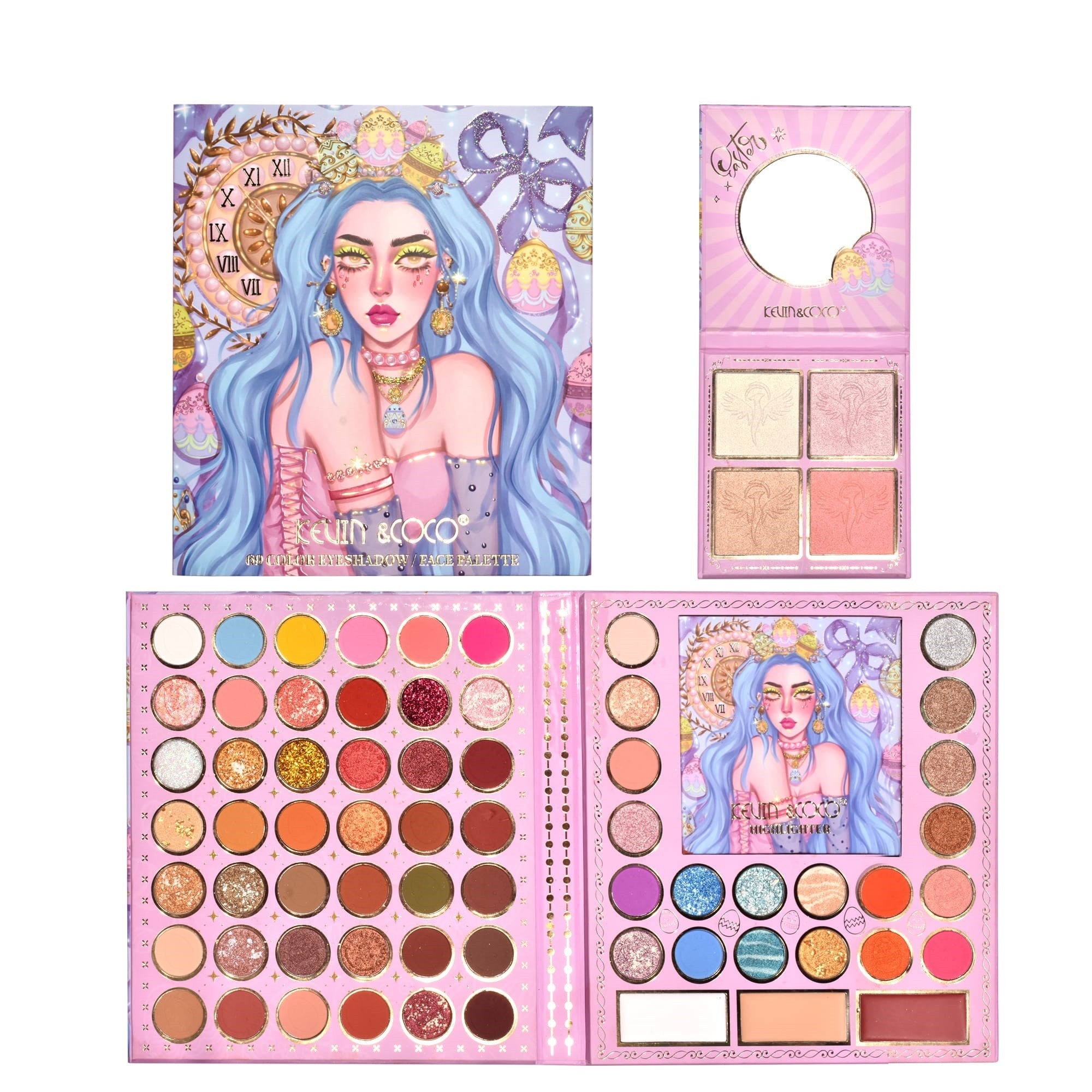 Trusa Completa de Machiaj, Kevin&Coco Easter Style Blue, 69 Culori, Farduri de Ochi, Blush, Iluminatoare si Produse pentru Conturare, Finisaje Mate, Sidefate si Stralucitoare, Cu Oglinda Integrata, Multicolor, Dimensiune Pachet 20 x 22.5 cm