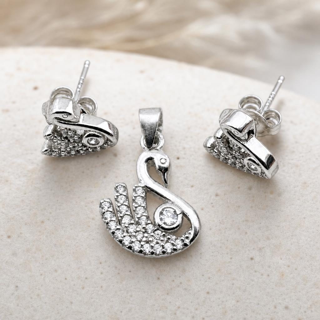 Set Pandativ cu Cercei pentru Dama, Argint 925, Model Lebada cu Pietre, 2.7g, 1.5 cm x 1 cm, Argintiu
